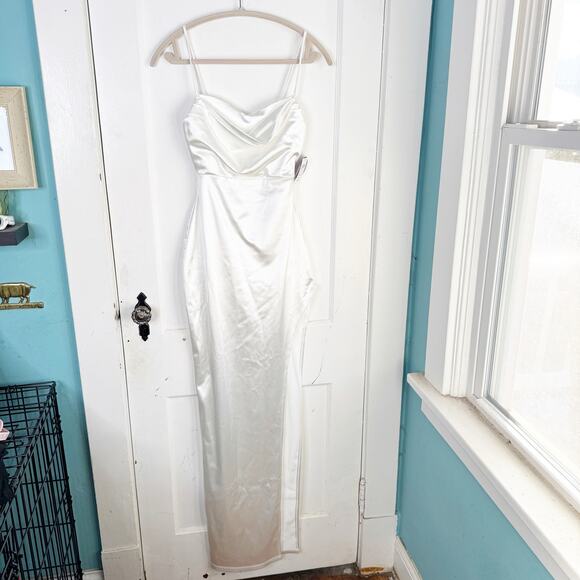 Windsor Lola High Slit White Satin Maxi Dress Bridal Event Sexy Dance NEW Size S - Picture 3 of 16